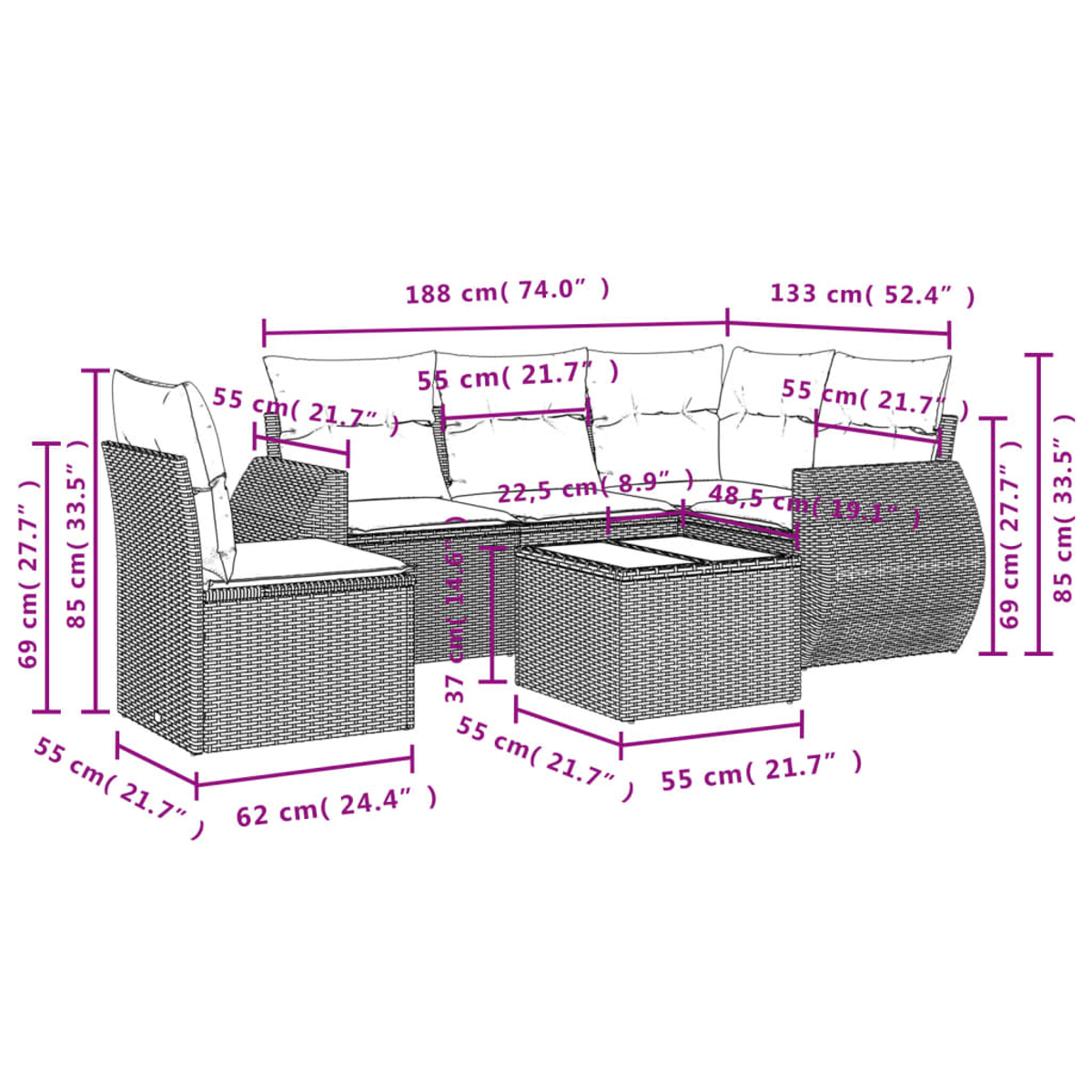Ein Rattanset für den Außenbereich mit Maßangaben. Das Set umfasst ein Sofa, einen Stuhl und einen Tisch, alles in Hellbraun.