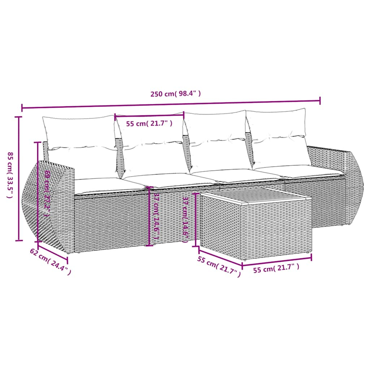 Ein Rattansofa mit drei Sitzkissen und einem kleinen Tisch. Maße sind in Zentimetern und Zoll angegeben.