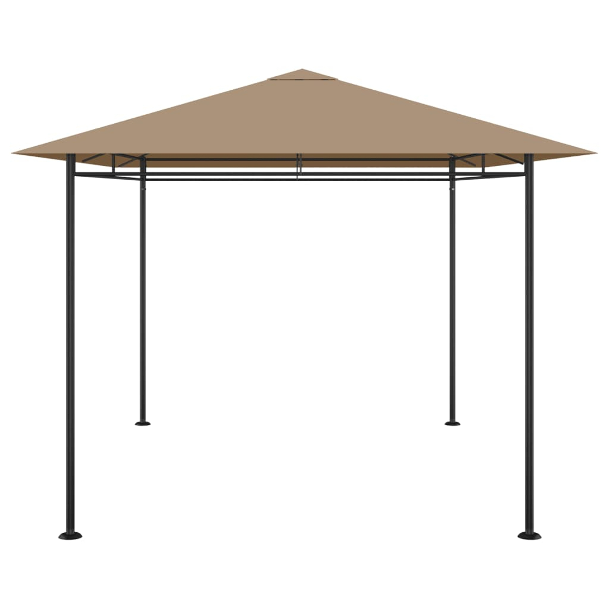 Un gazebo beige con tetto a punta e struttura in metallo nero. La struttura ha supporti verticali e una struttura orizzontale.