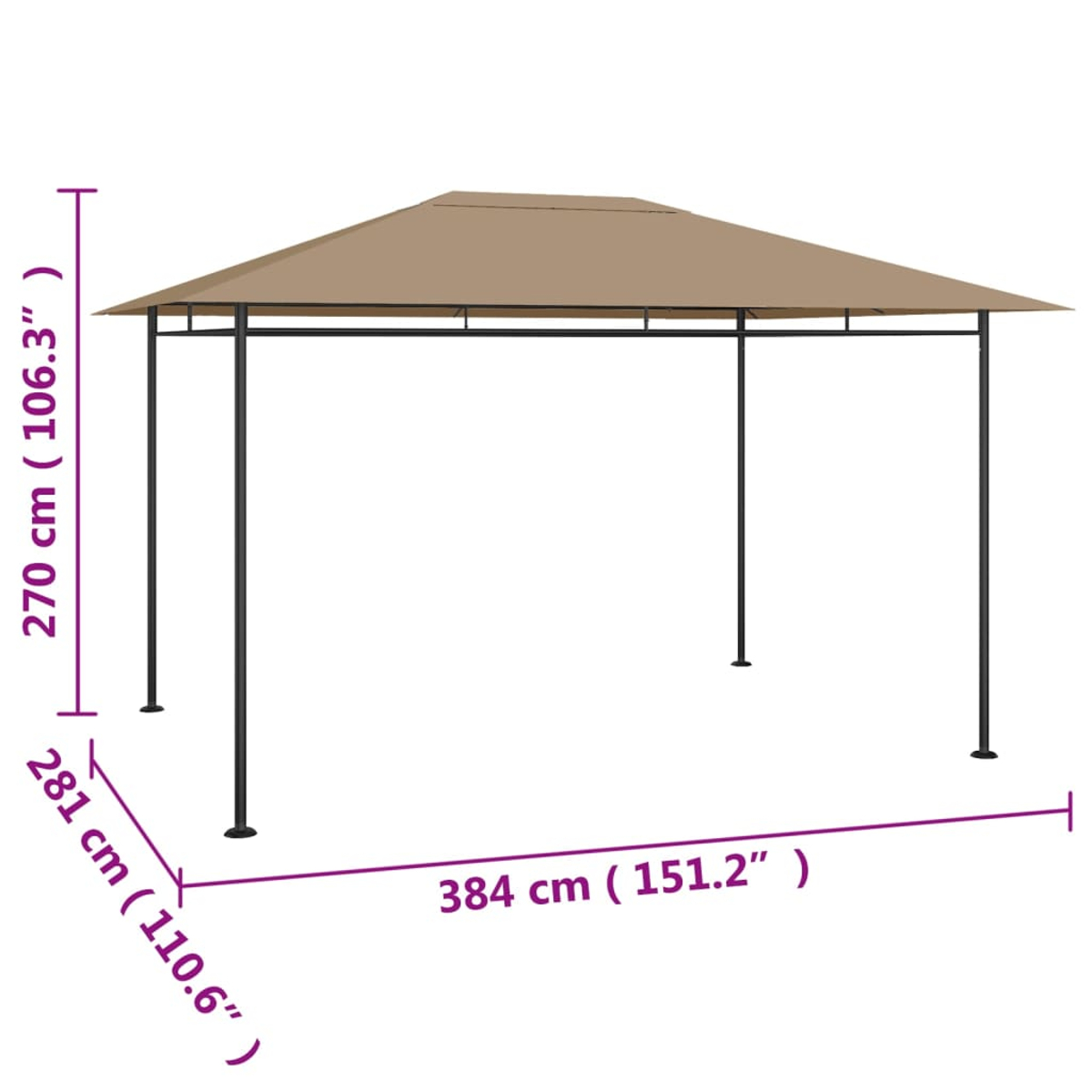 Un gazebo beige con pilastri di supporto neri. Dimensioni: 270 cm di altezza, 281 cm di larghezza e 384 cm di lunghezza.