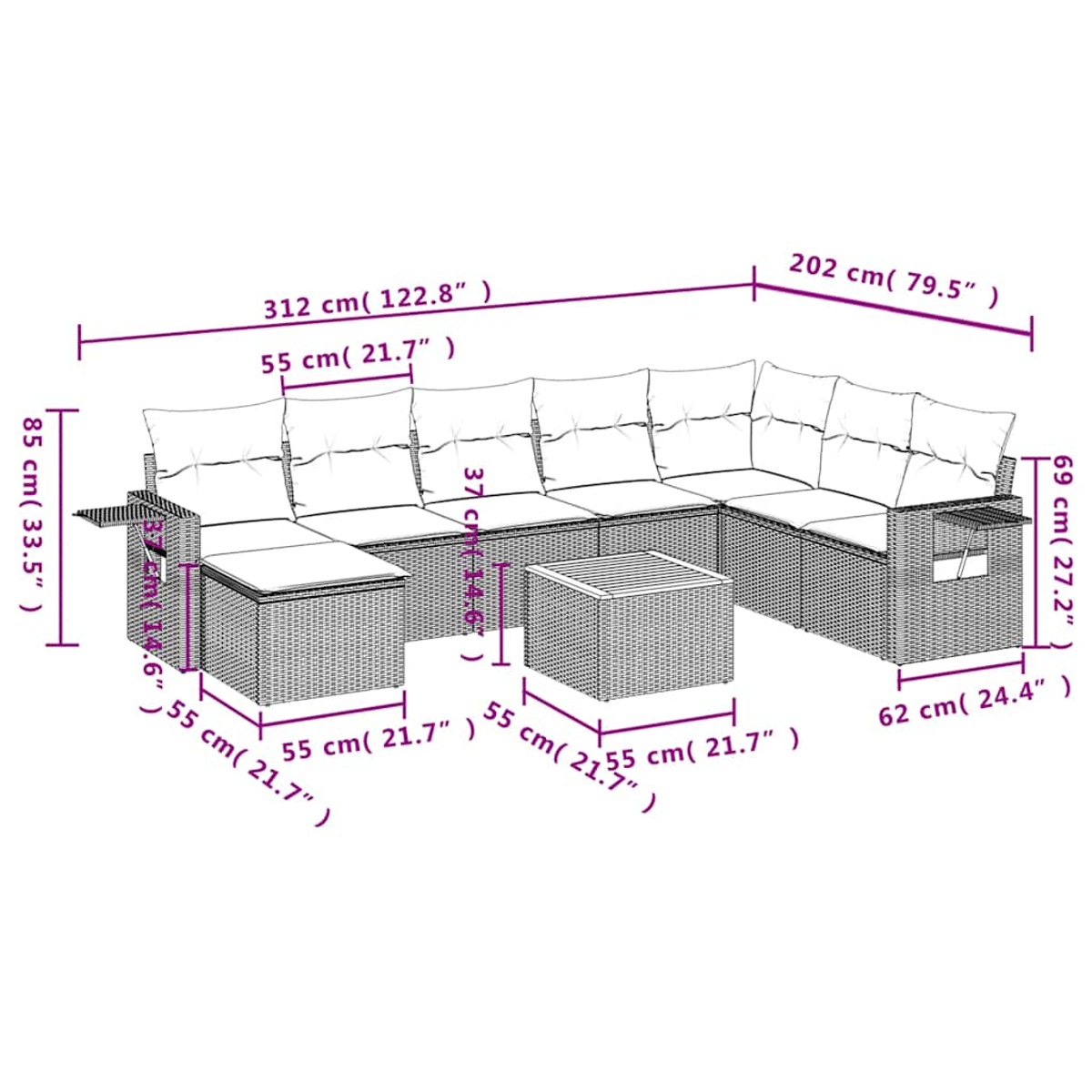 Ein Outdoor-Rattansofa-Set mit Abmessungen in cm und Zoll. Es umfasst ein Ecksofa, einen kleinen Tisch und Kissen.