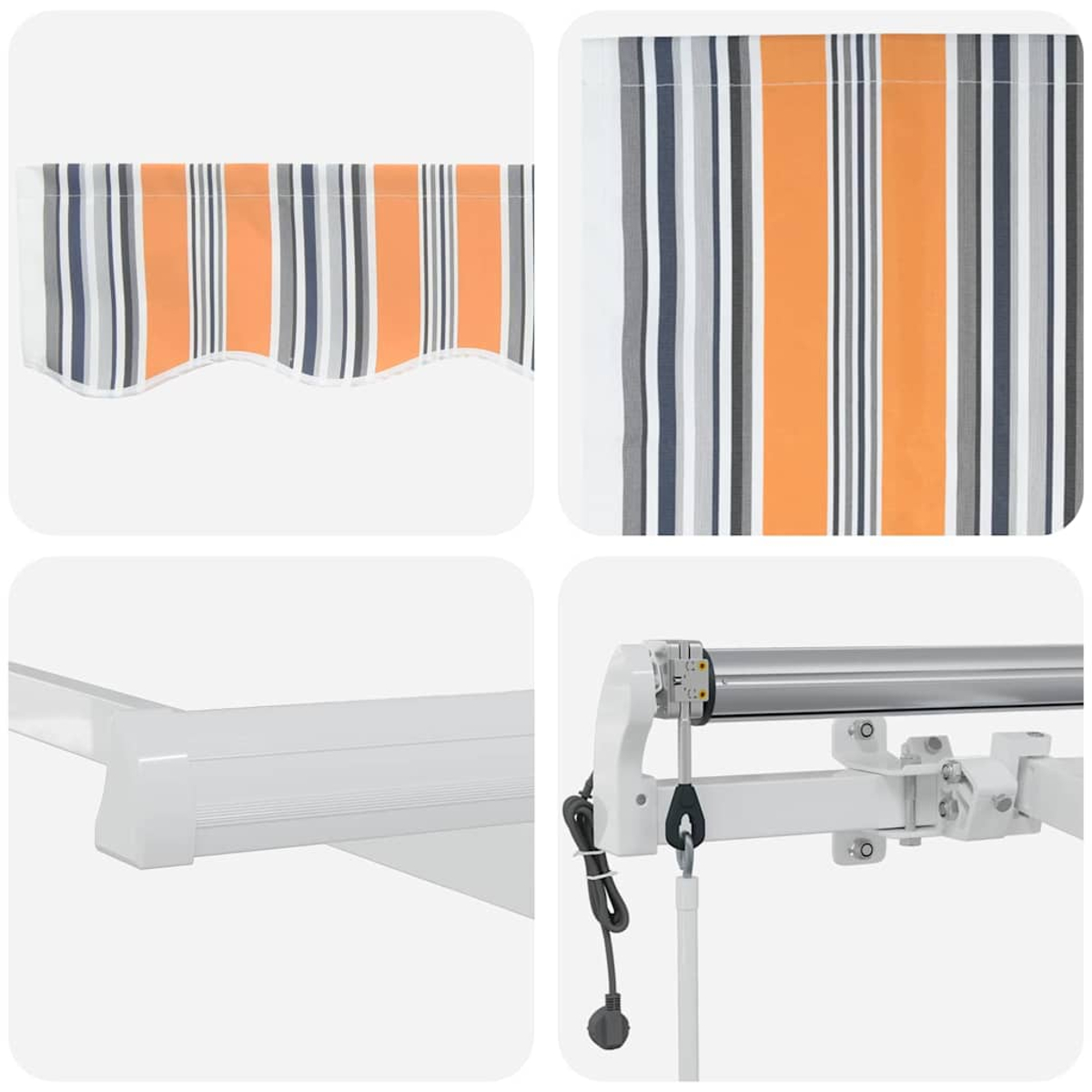 Vier Bilder eines Markisen, die verschiedene Teile zeigen. Gestreifter Stoff in Orange, Grau und Blau. Weißer Rahmen und mechanische Teile sind sichtbar.