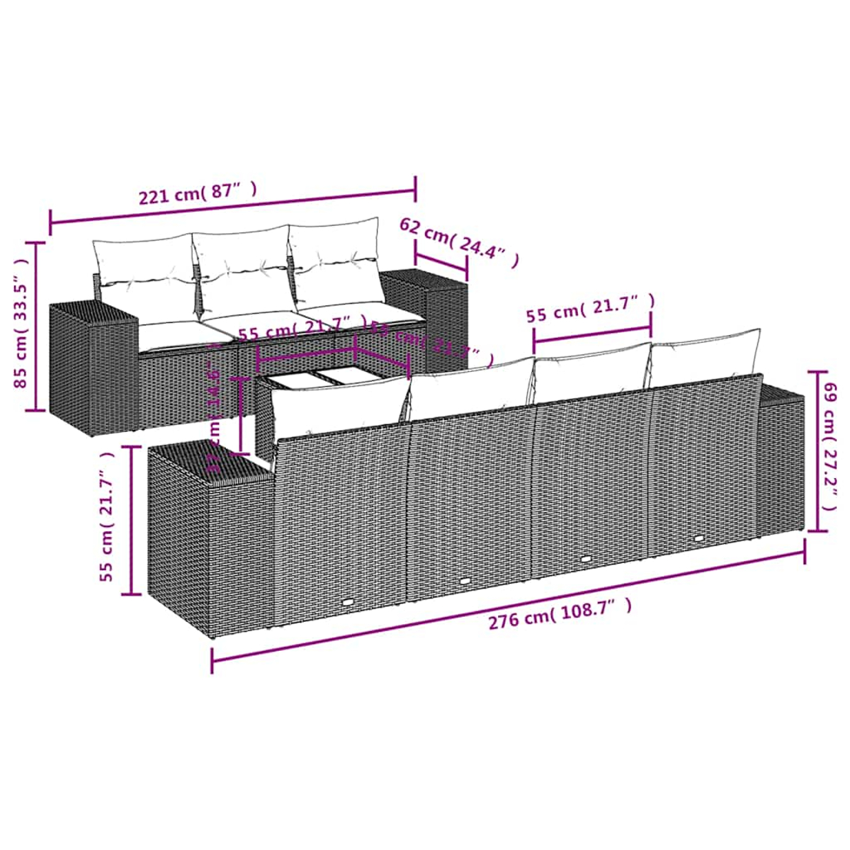 Diagramm von zwei Korbs Sofas mit Maßangaben in Zentimetern und Zoll. Die Kissen sind weiß.