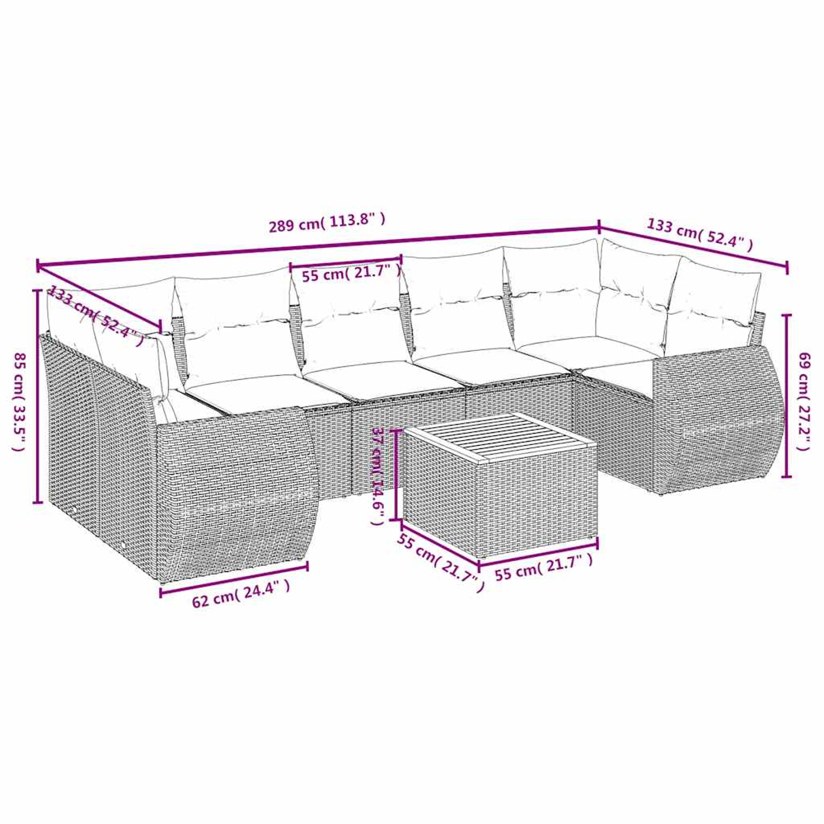 Ein Ecksofa aus Rattan und ein passender quadratischer Tisch, die Abmessungen sind angegeben. Das Sofa hat Kissen. Maße in cm und Zoll sind angegeben.