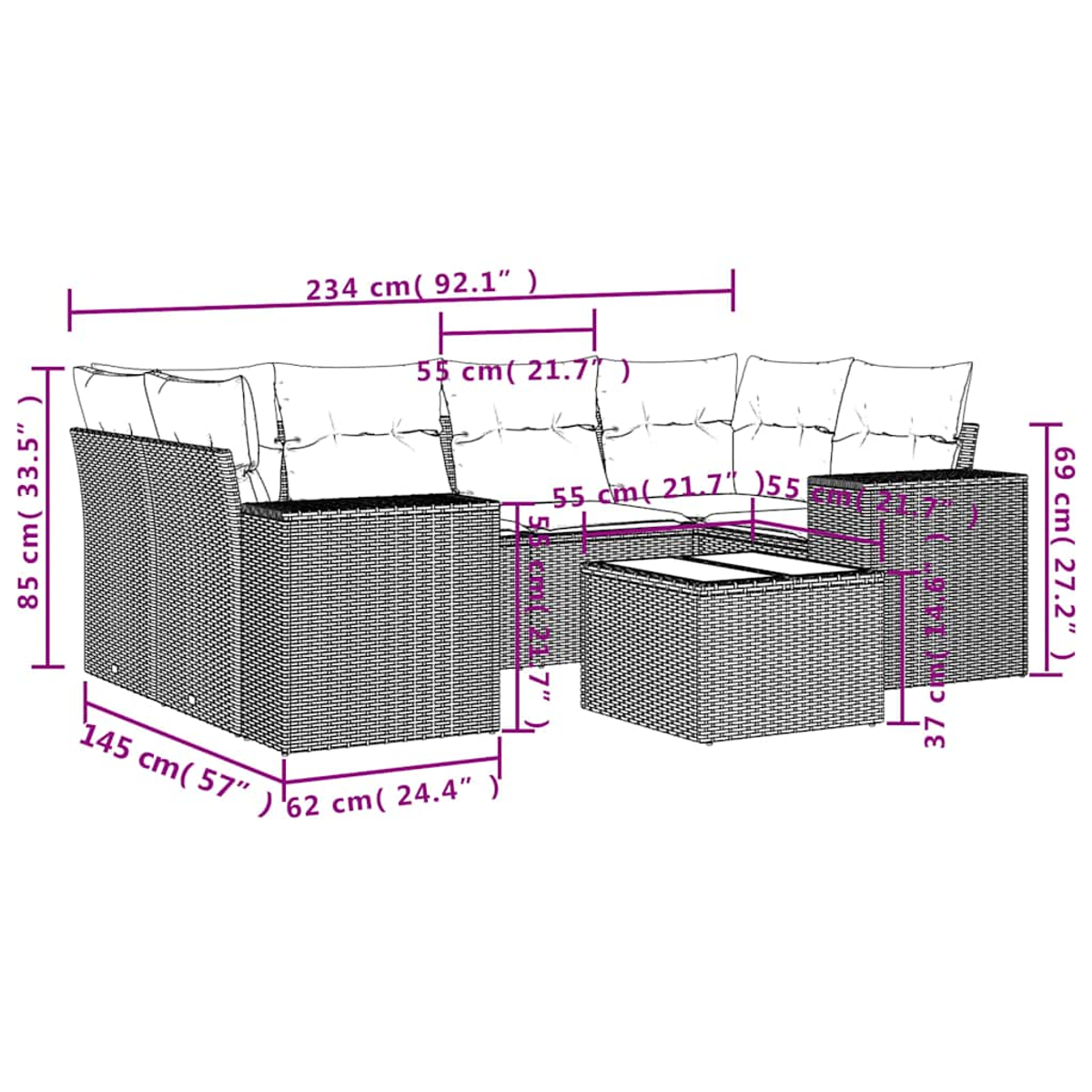 Ein geflochtenes Outdoor-Ecksofa mit Abmessungen in cm und Zoll. Kissen befinden sich auf der Sitzfläche. Ein Couchtisch ist ebenfalls vorhanden.