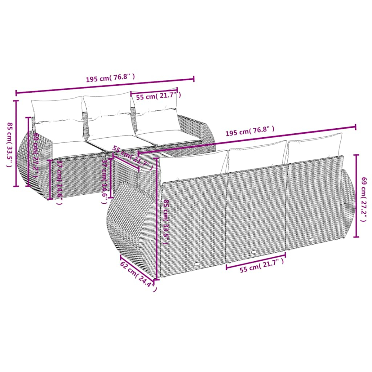 Geflochtenes Sofaset mit Abmessungen. Zwei- und Dreisitzer-Sofas mit Kissen. Maße sind in Zentimetern und Zoll angegeben.