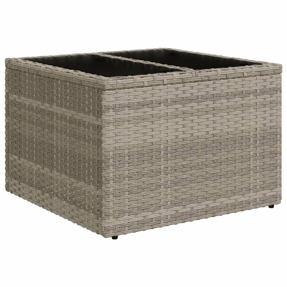 Ein hellgrauer, gewebter Stauraum. Er hat zwei Fächer und steht auf kleinen schwarzen Füßen. Die Textur ist detailliert und gleichmäßig.