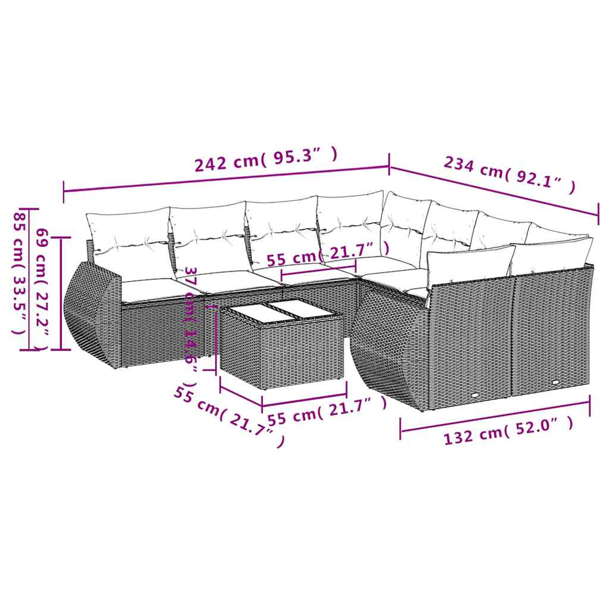 Outdoor-Ecksofa mit Maßangaben. Verfügt über Kissen und einen Couchtisch. Maße in cm und Zoll sind angegeben.