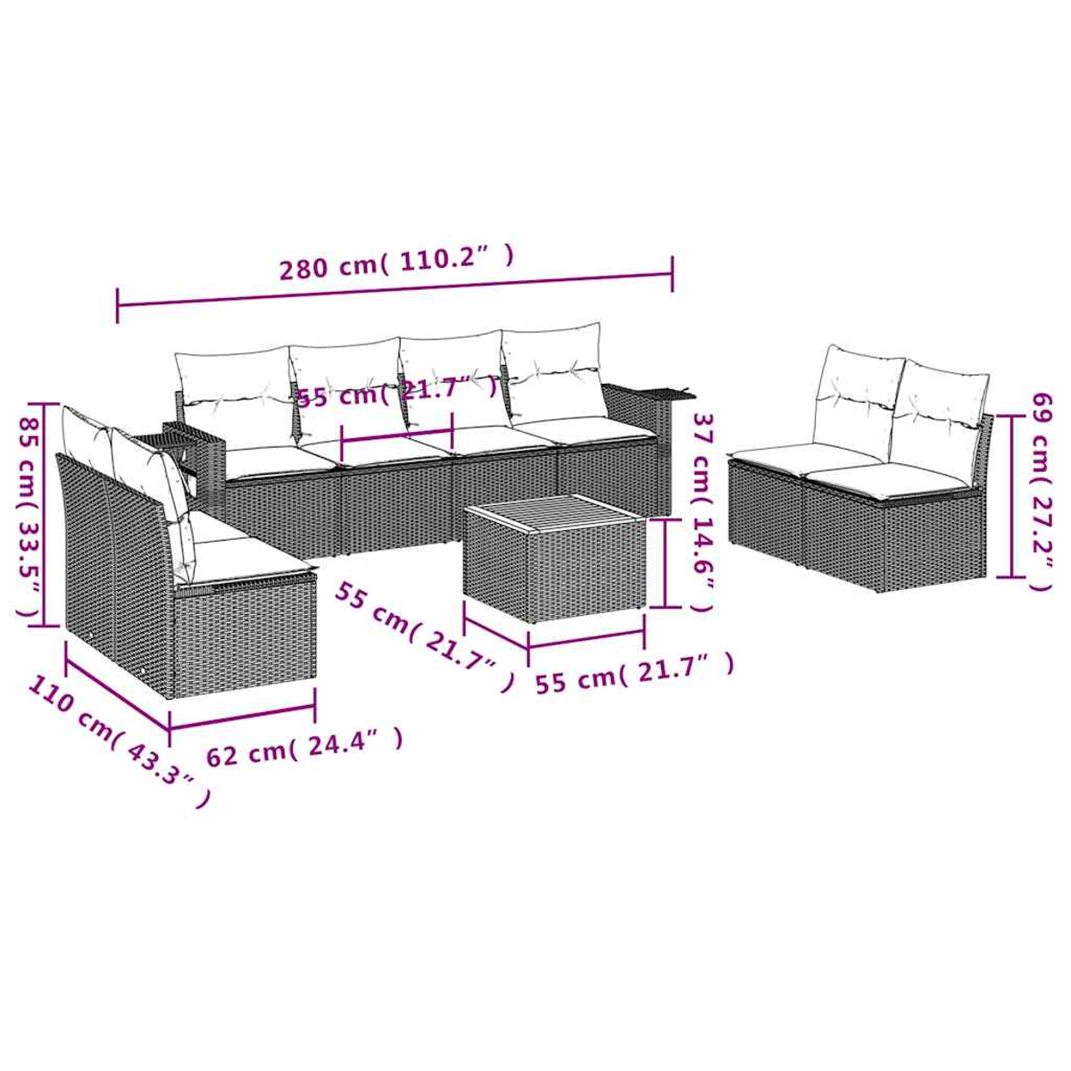 Ein Terrassenmöbel-Set, bestehend aus einem Sofa, zwei Sesseln und einem Couchtisch. Die Abmessungen sind in Zentimetern und Zoll angegeben.