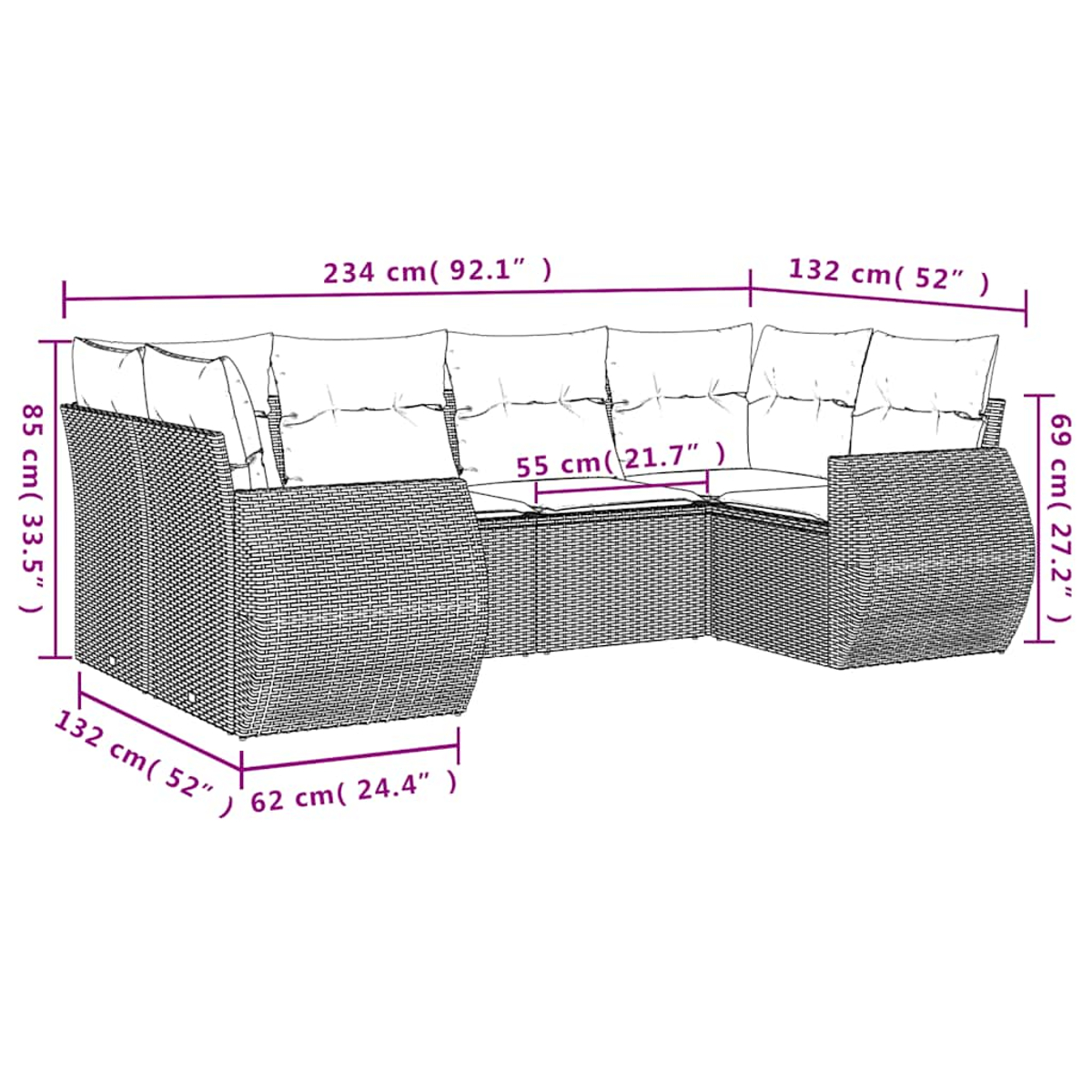 Ein geflochtenes Outdoor-Sofa mit angegebenen Abmessungen. Es hat Kissen und ist U-förmig. Maße sind in cm und Zoll angegeben.