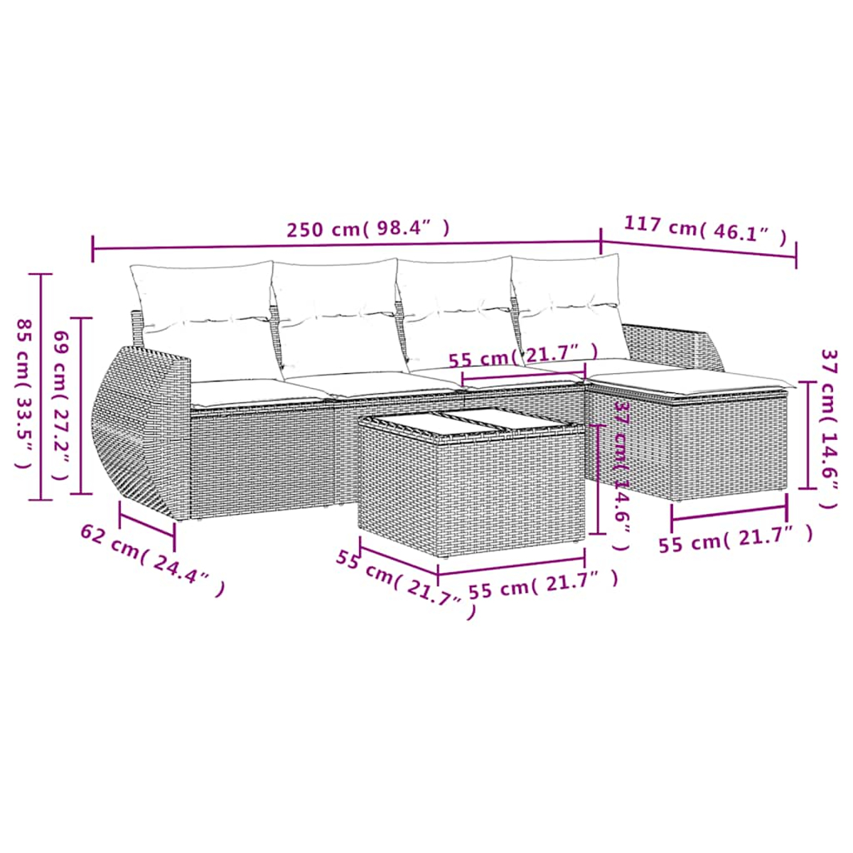 Ein geflochtenes Outdoor-Sofa und Tisch-Set, Abmessungen sind mit Linien und Maßen in cm und Zoll angegeben.