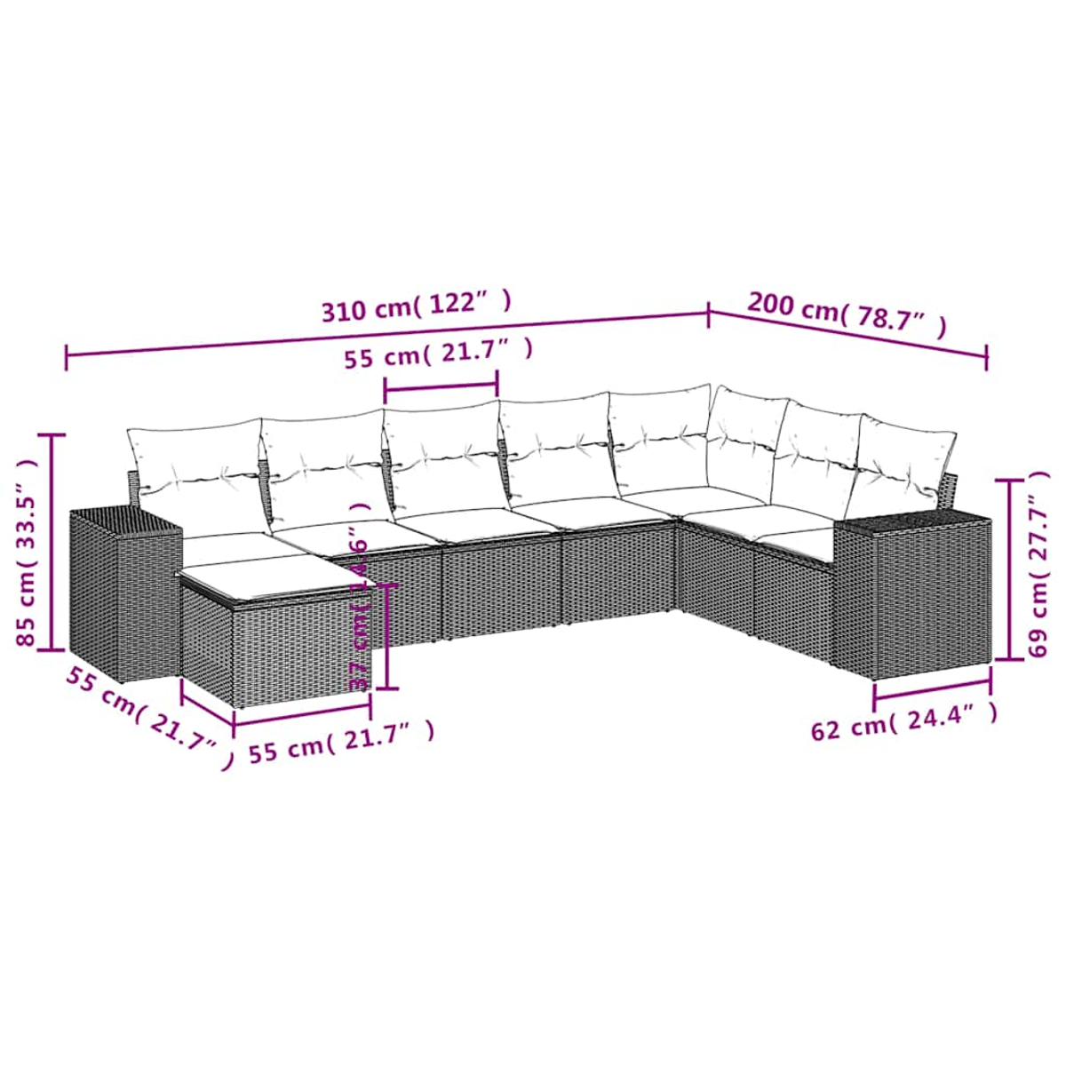 Ein L-förmiges Rattansofa mit weißen Kissen. Abmessungen sind angegeben, einschließlich Längen und Höhen in cm und Zoll.