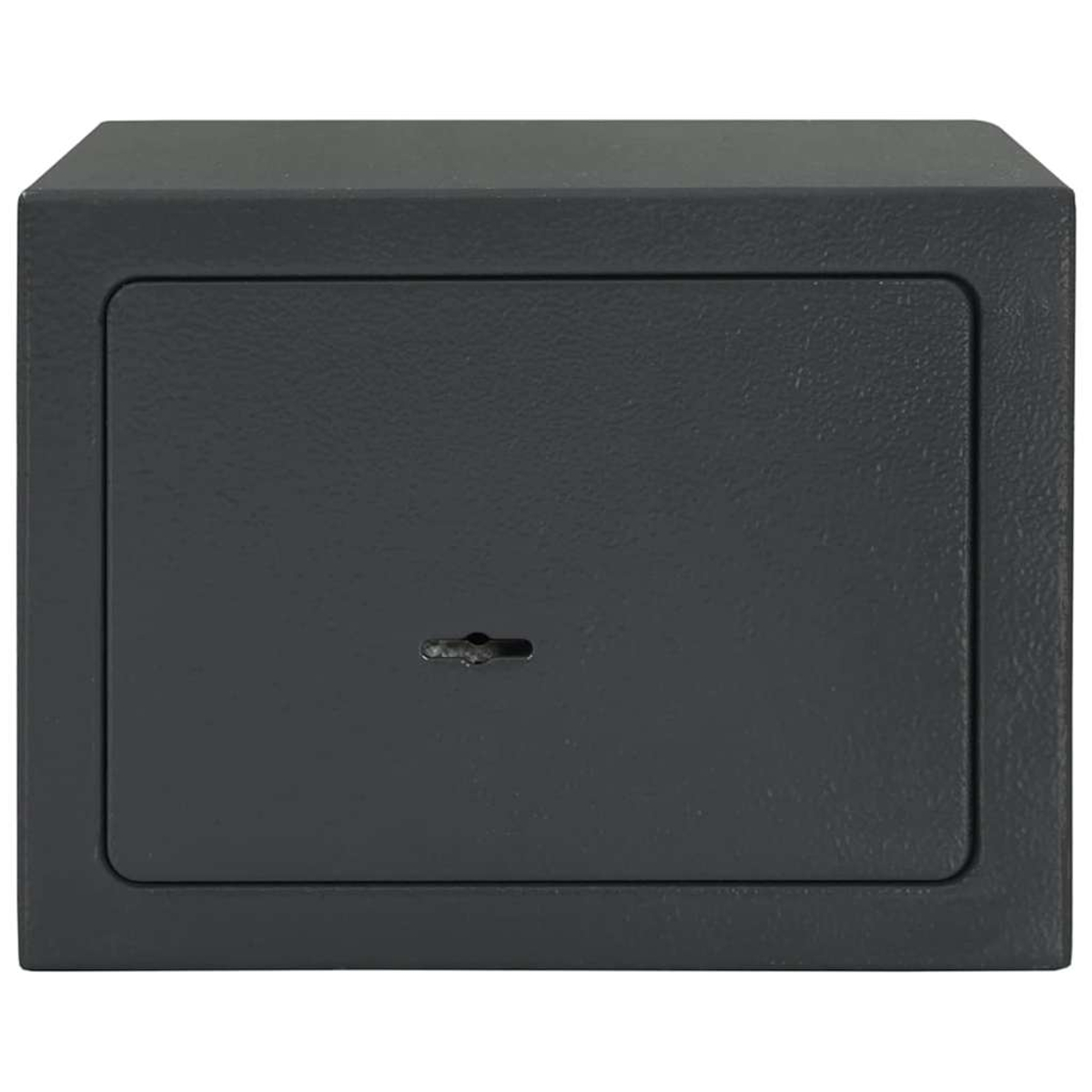 Una cassaforte chiusa, grigio scuro, è centrata su uno sfondo bianco. La cassaforte ha una porta con una serratura.