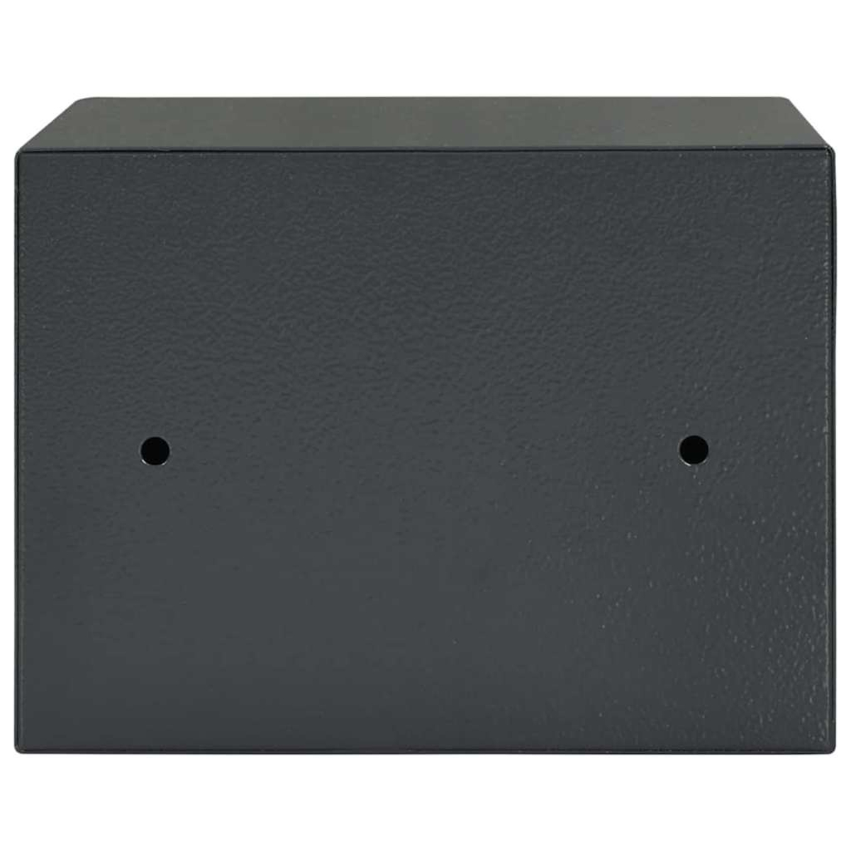 Una cassaforte in metallo grigio scuro con due piccoli fori sulla parte anteriore. La cassaforte è rettangolare e sembra chiusa.