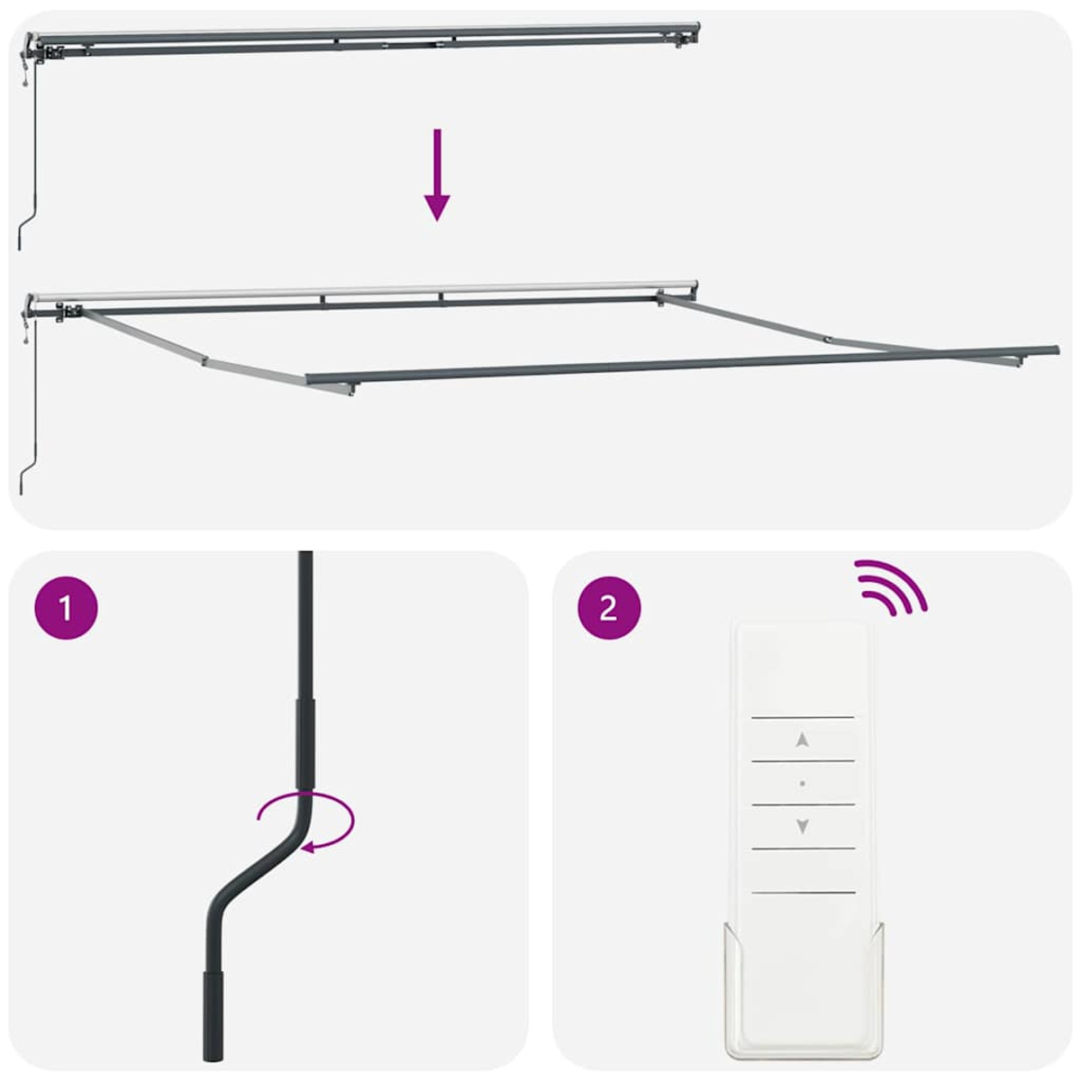 Diagramm einer ausziehbaren Markise mit Fernbedienung und Handkurbel. Enthält einen lilafarbenen Pfeil und ein WLAN-Symbol.