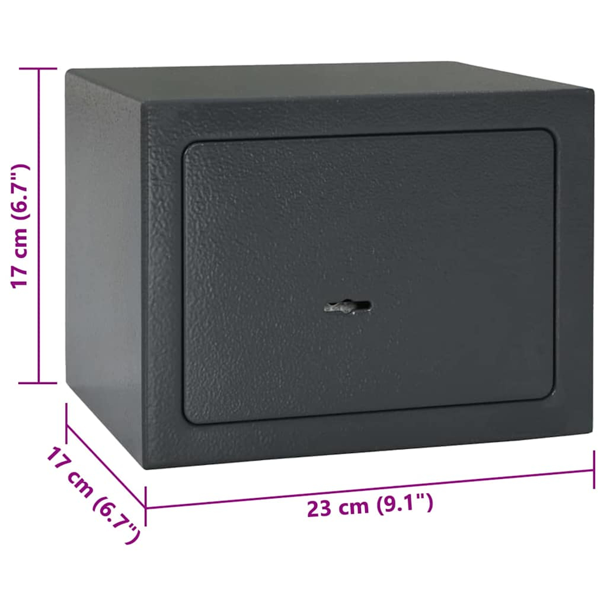 Una cassaforte grigio scuro con dimensioni etichettate. Ha una serratura sulla porta e si trova su sfondo bianco.