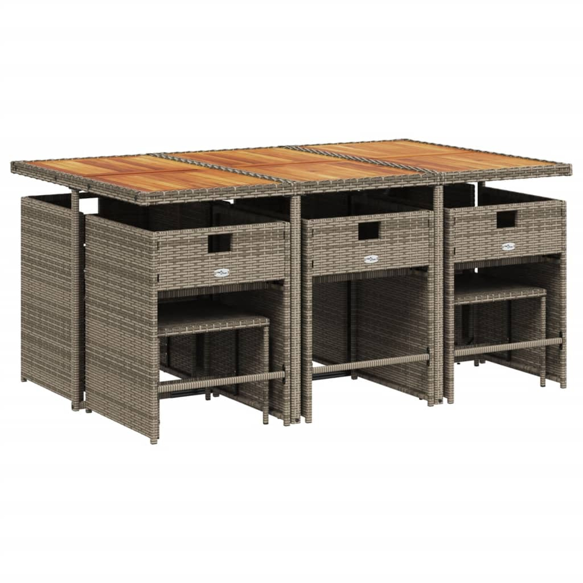 Outdoor-Essgruppe. Rechteckiger Tisch mit Holzplatte und geflochtenem Korbfuß. Passende Hocker mit Stauraum.