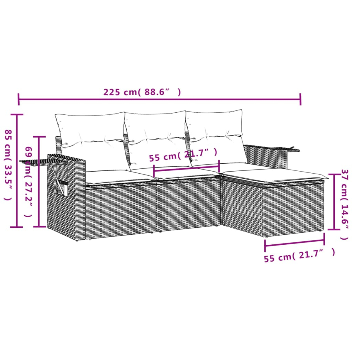 Un sofá seccional exterior estilo mimbre con dimensiones etiquetadas. Tiene tres asientos acolchados y una mesa auxiliar. Se incluyen las medidas.