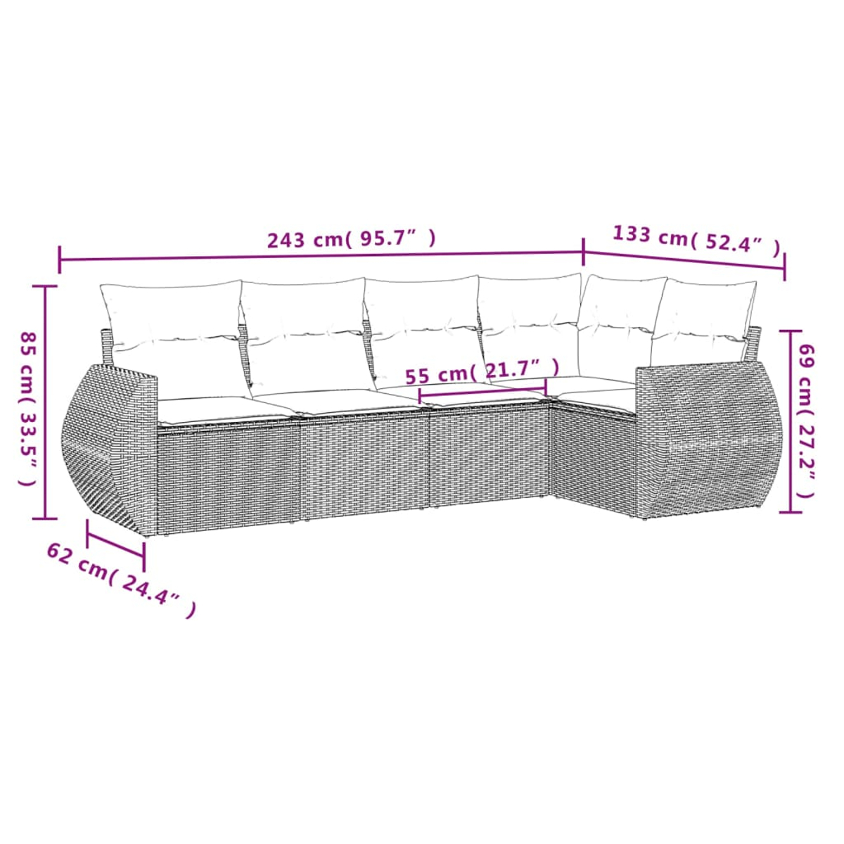 Ein L-förmiges Outdoor-Sofa mit Abmessungen in cm und Zoll. Es hat Kissen und eine gewebte Textur.