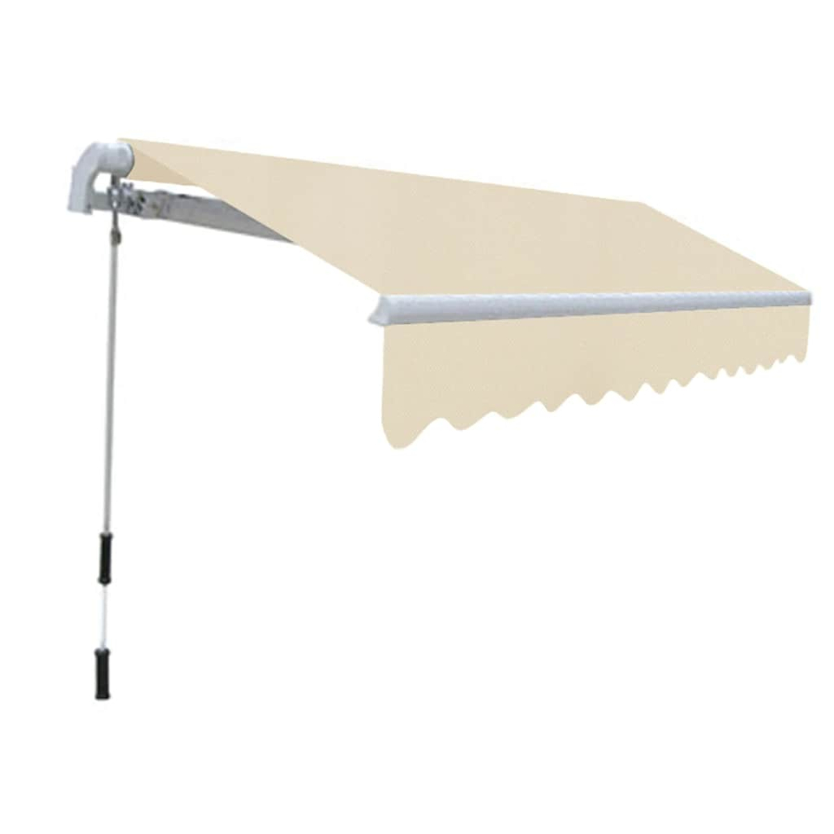 Eine beige Markise wird von einem weißen Träger ausgefahren und hat einen gewellten Rand. Eine silberne Stange hängt darunter.