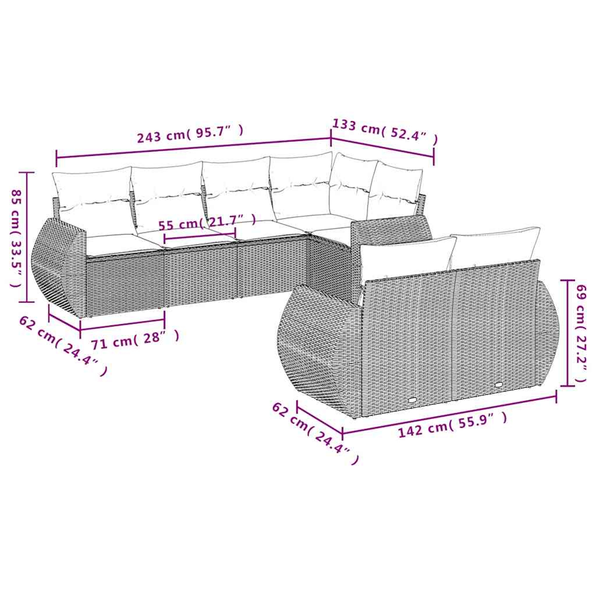 Ein L-förmiges Outdoor-Wicker-Sofa mit weißen Kissen. Abmessungen in cm beschriftet. Das Sofa befindet sich auf weißem Hintergrund.