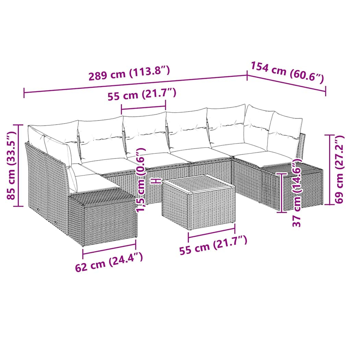 Ein Ecksofa aus Rattan mit einem Couchtisch. Abmessungen sind auf dem Bild angegeben. Kissen sind hell.