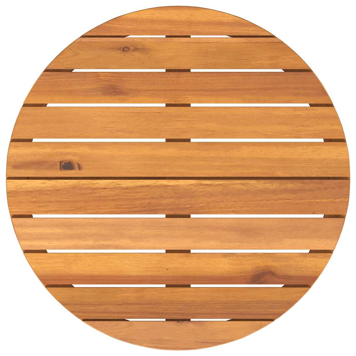 Eine runde Tischplatte aus Holz. Sie besteht aus horizontalen Holzbohlen mit Zwischenräumen und ist hellbraun.