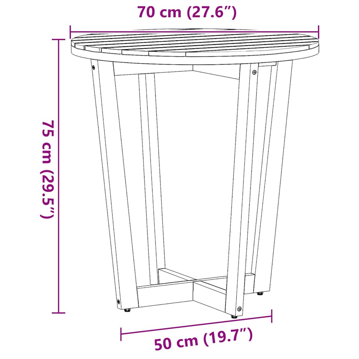 Ein Diagramm zeigt einen runden Tisch mit Abmessungen. Der Tisch hat einen Durchmesser von 70 cm und ist 75 cm hoch. Die Basis ist 50 cm breit.