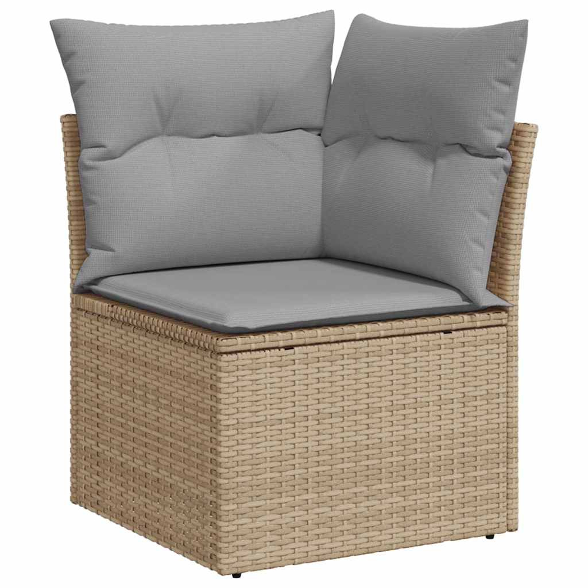 Ein Korbstuhl mit grauen Kissen. Der Stuhl ist beige und die Kissen sind grau. Der Stuhl ist eine Ecke.