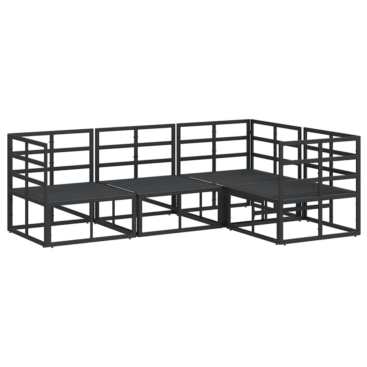 Ein schwarzes Metall-Außensofa mit rechtwinkliger Form, das mehrere verbundene Sitzbereiche mit minimalistischem Design aufweist.