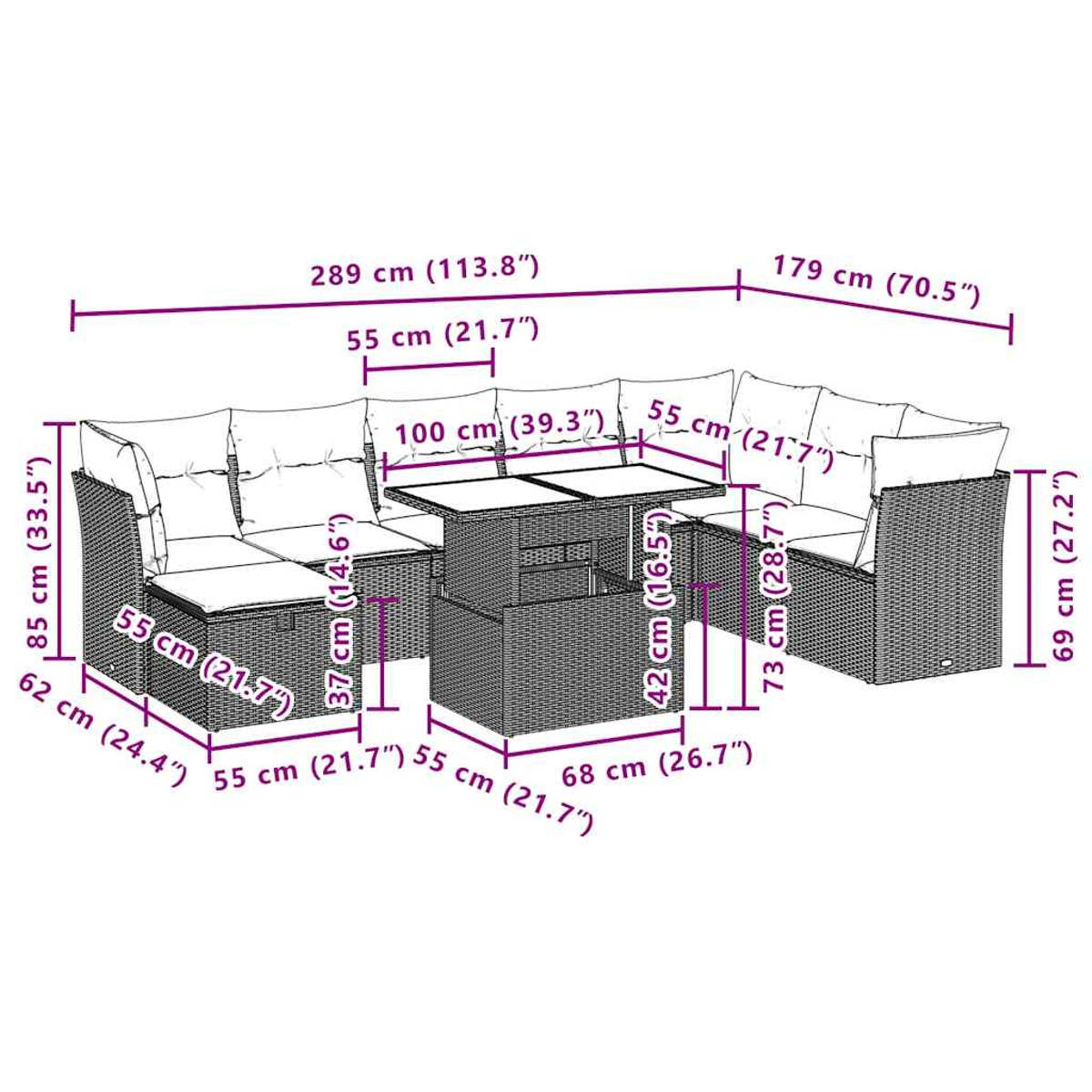 Diagramm eines Outdoor-Möbelsets mit Abmessungen in cm und Zoll. Enthält ein Ecksofa, einen Tisch und eine Ottomane.