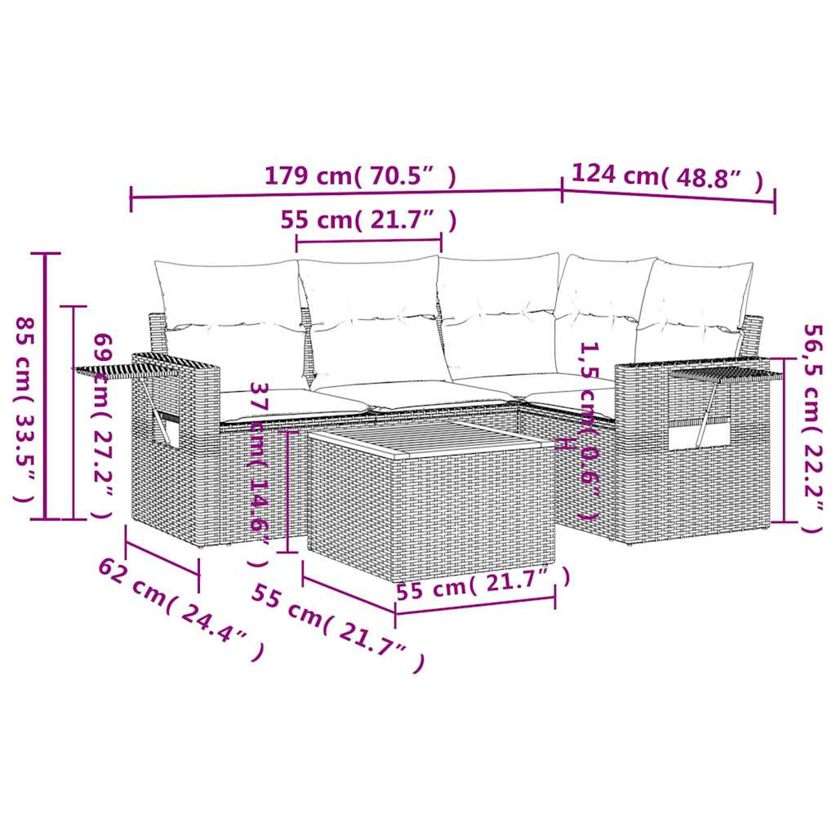 Ein Ecksofa mit einem Couchtisch. Maße sind in Zentimetern und Zoll angegeben. Das Sofa ist aus Korbgeflecht mit weißen Kissen.