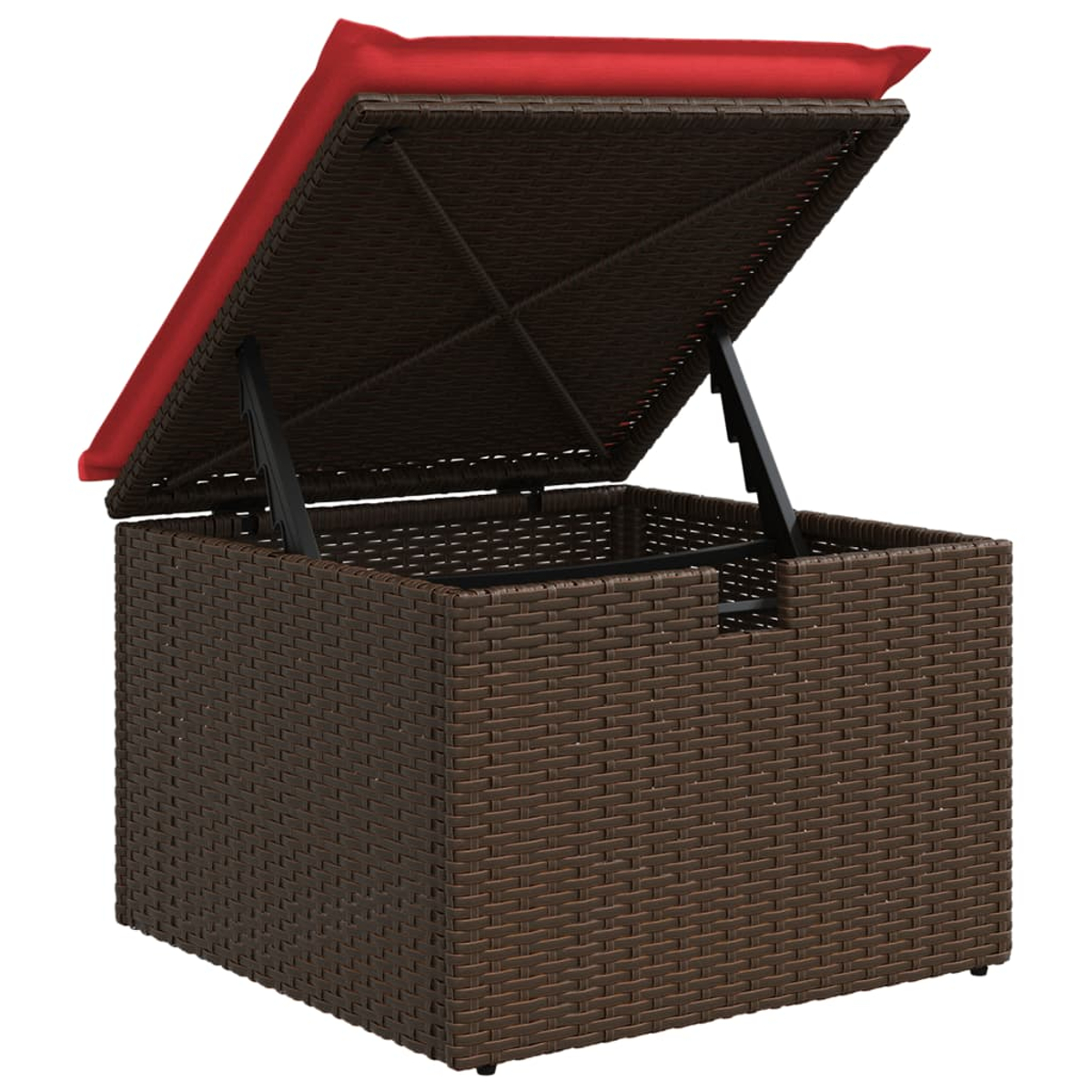 Eine braune Aufbewahrungsbox aus Korbgeflecht mit einem roten Kissen auf dem offenen Deckel. Der Deckel ist mit schwarzen Scharnieren geöffnet.