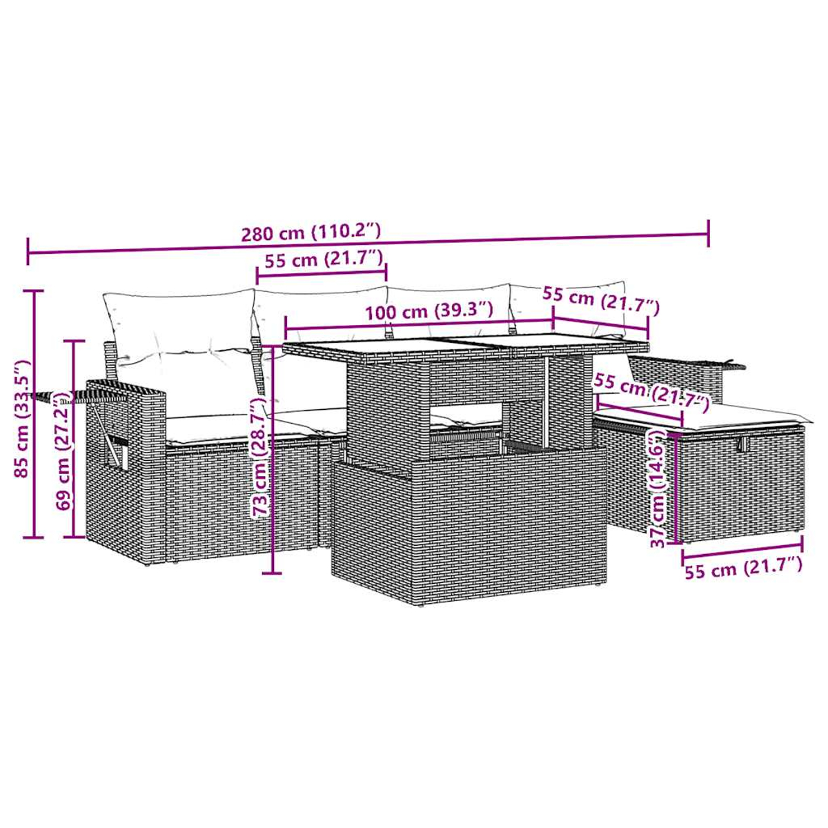 Ein Diagramm von Gartenmöbeln, darunter ein Sofa, ein Tisch und ein Ottoman. Abmessungen in cm und Zoll angegeben.