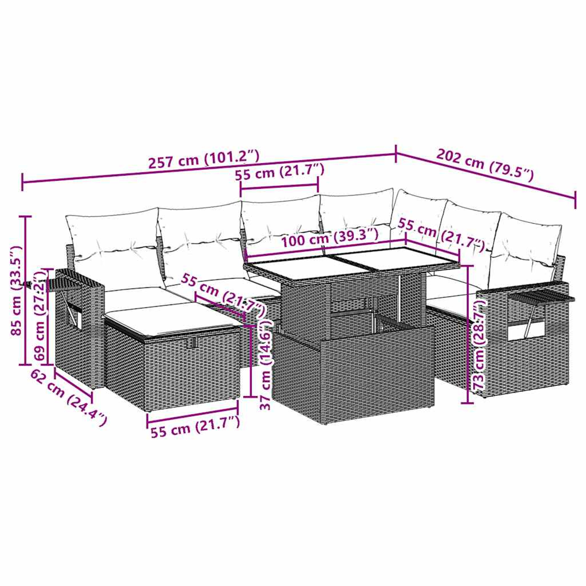 Gartenmöbel-Set mit Maßangaben in Zentimetern und Zoll. Enthält Sofa, Tisch und Abmessungen, die mit Pfeilen angegeben sind.