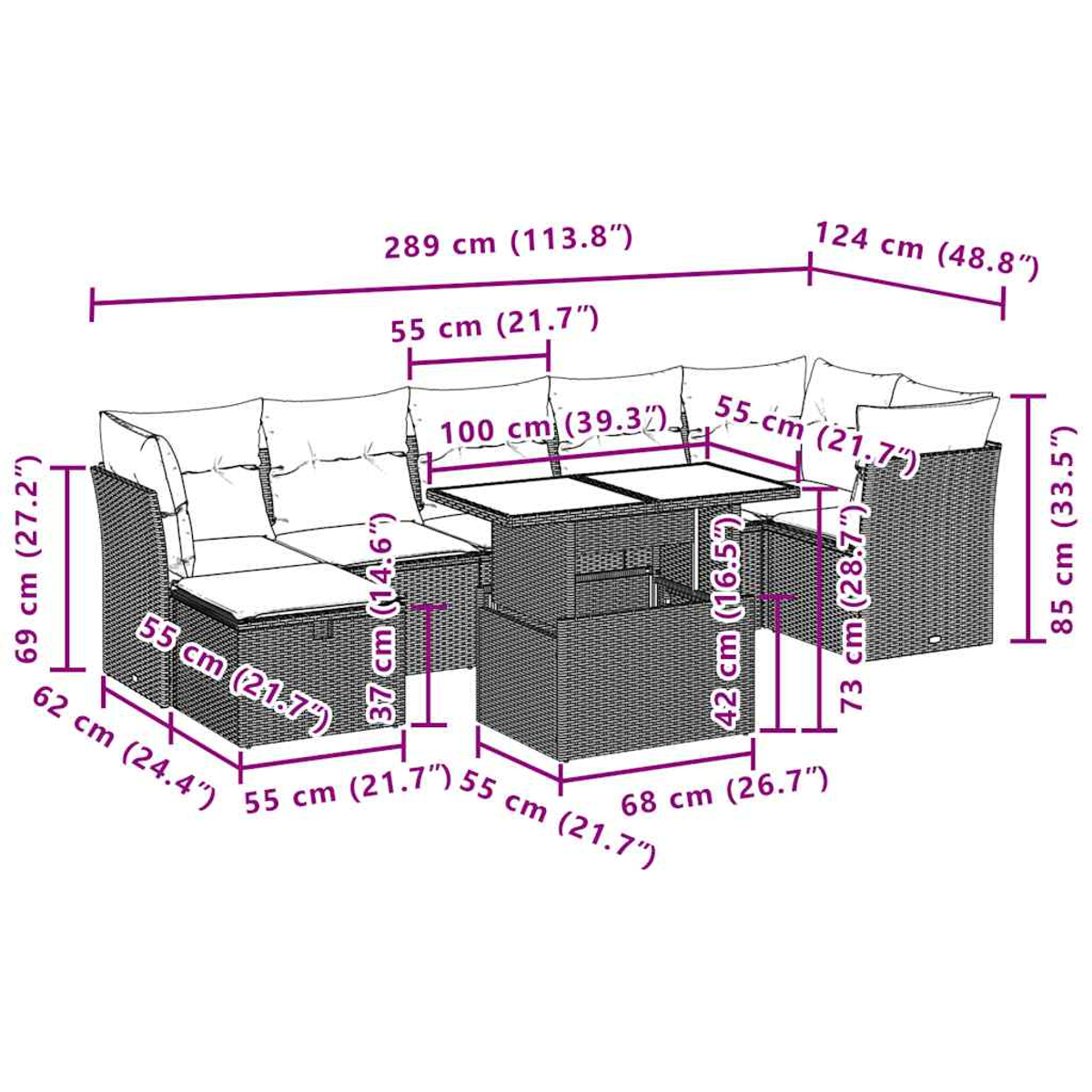 Diagramm eines Gartenmöbelsets mit Abmessungen in cm und Zoll. Es umfasst ein Sofa, zwei Stühle und einen Tisch.