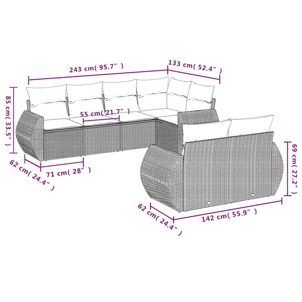 Ein Ecksofa aus Weide für draußen mit weißen Kissen. Abmessungen sind in Zentimetern und Zoll angegeben, was seine Größe hervorhebt.