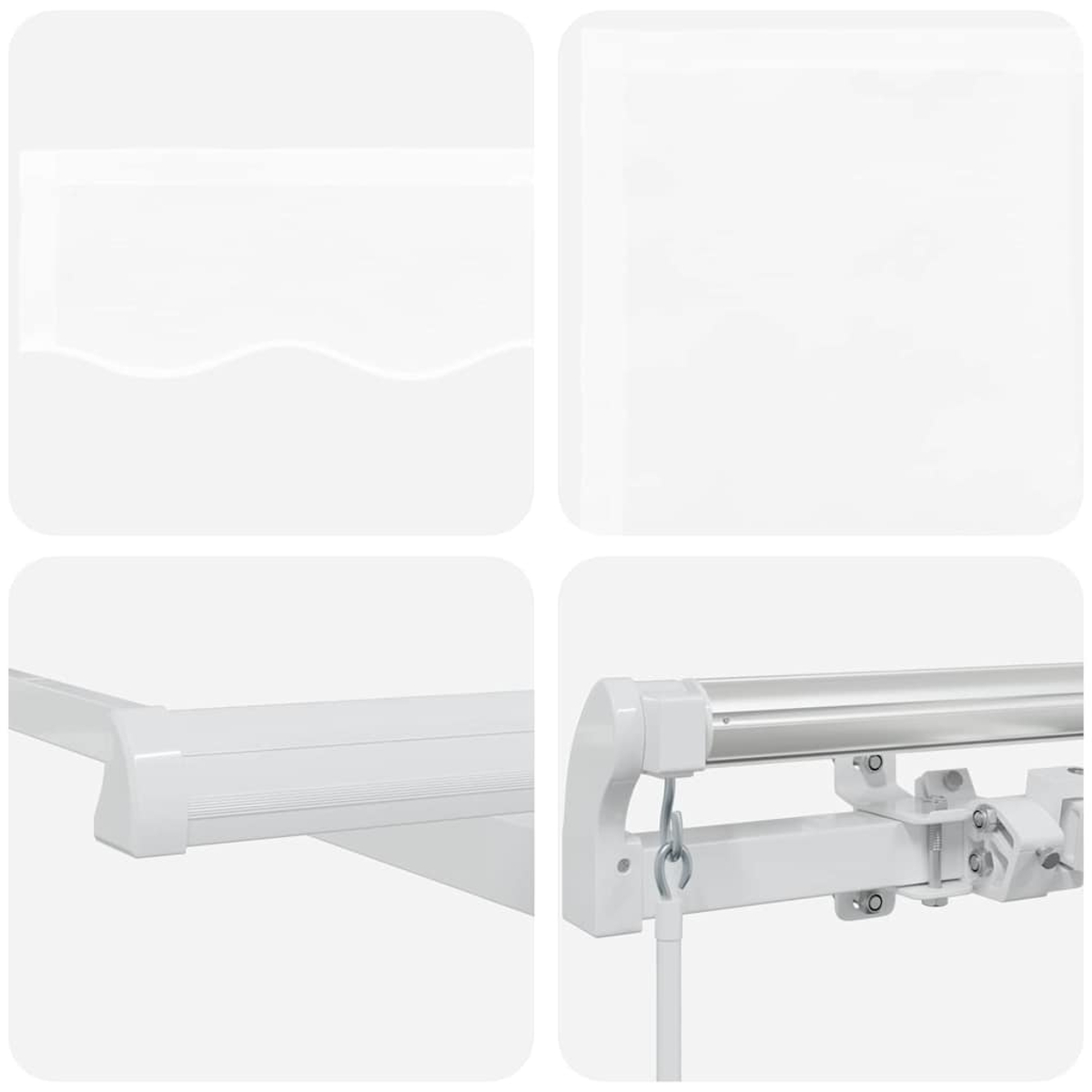 Nahaufnahme von weißen Markisenmechanismusteilen. Enthält Metallrolle, Halterungen und Verbindungshardware. Der Hintergrund ist schlicht weiß.