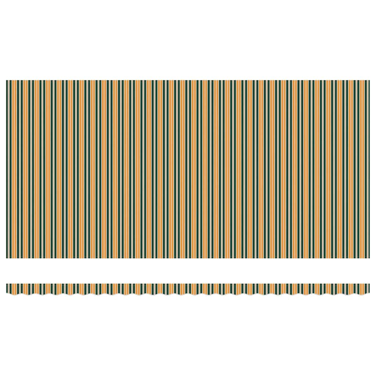 Das Bild zeigt ein Muster aus vertikalen Streifen in den Farben Gold, Grün und Schwarz. Unten befindet sich ein wellenförmiger Rand.