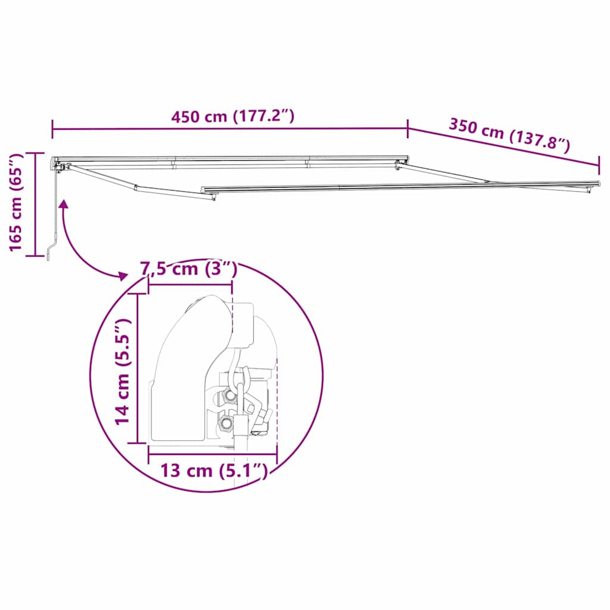 Diagramm einer Markise mit Maßen in cm und Zoll. Detail zeigt einen Mechanismus mit Abmessungen. Gesamtmarkisengröße beträgt 450 cm x 350 cm.