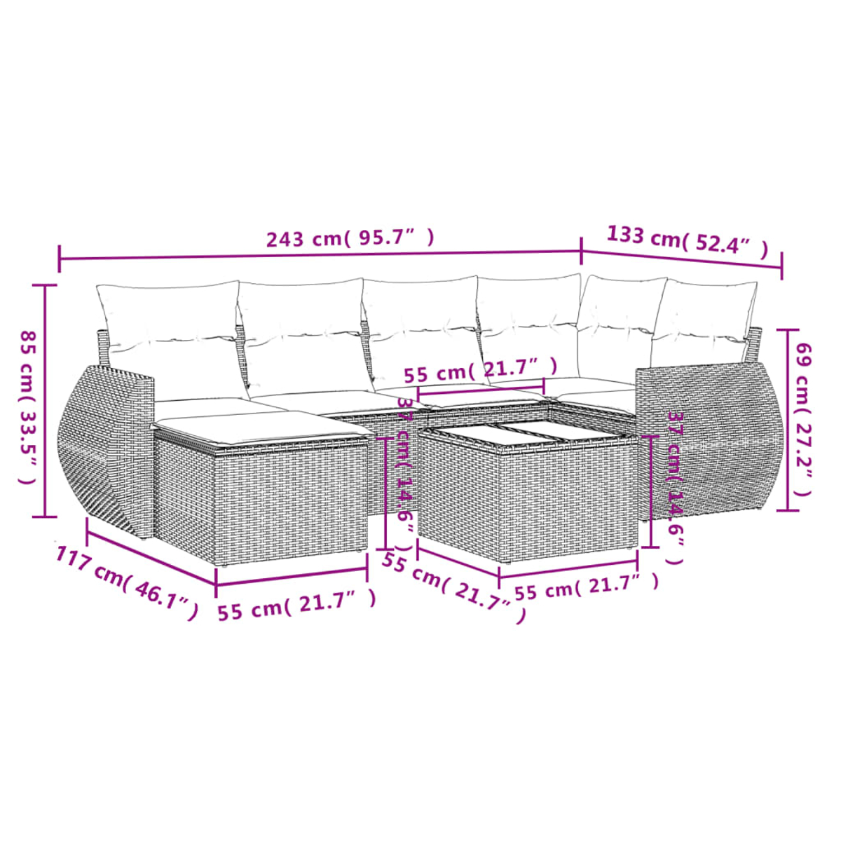 Geflochtenes Outdoor-Ecksofa mit Kissen und einem Couchtisch, Abmessungen in Zentimetern und Zoll.