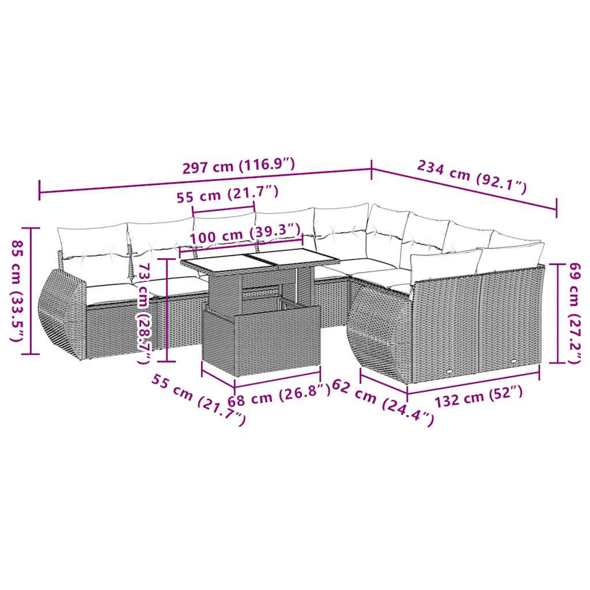 Diagramm eines Rattan-Ecksofas mit Maßen. Es hat einen Tisch in der Mitte. Das Sofa ist hellbraun mit weißen Kissen.