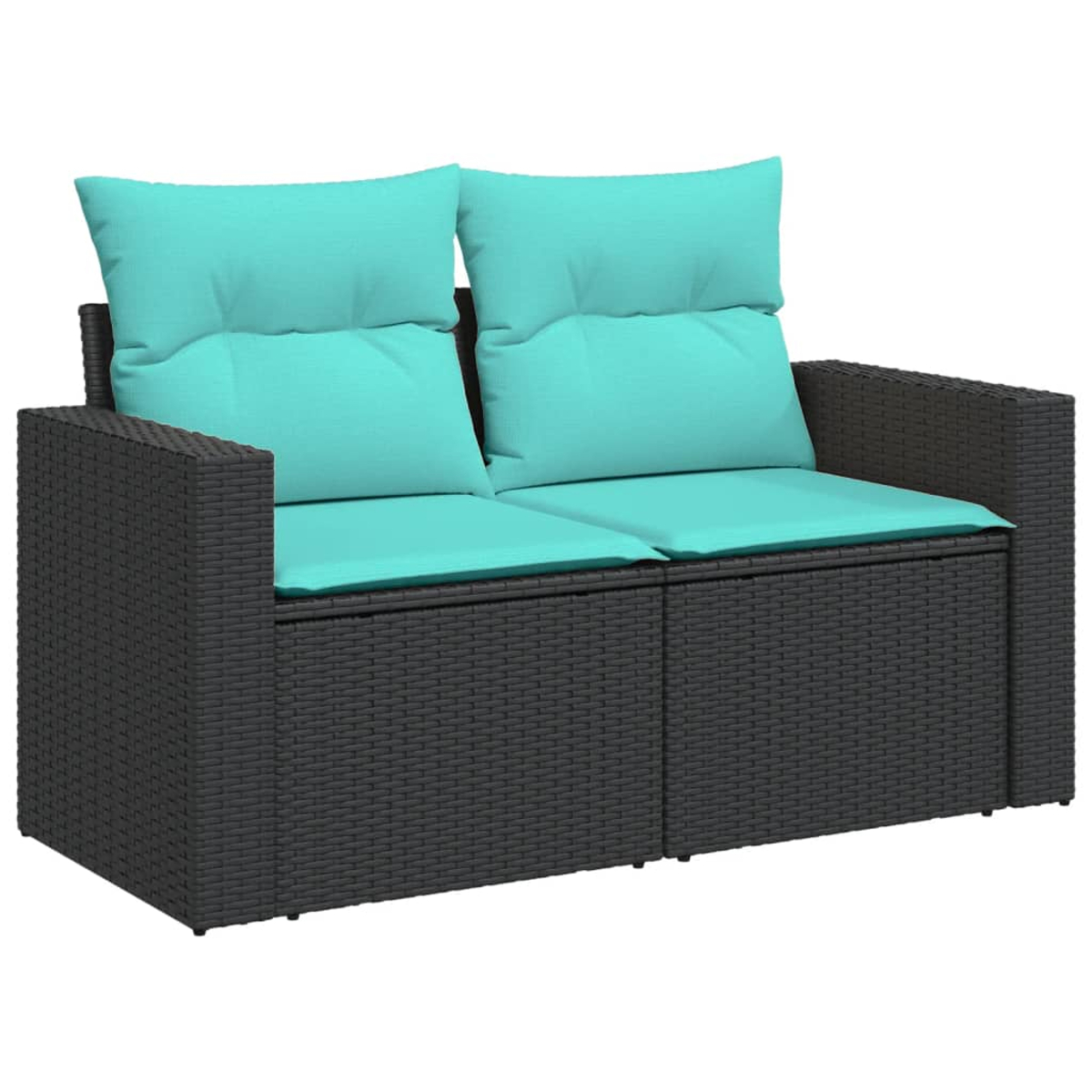 Ein Zweisitzer-Outdoor-Sofa mit schwarzem Korbrahmen und türkisfarbenen Kissen. Das Sofa hat zwei Rückenkissen und zwei Sitzkissen.
