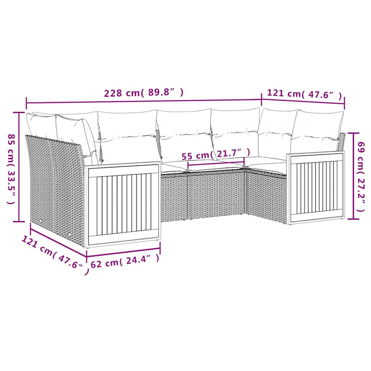 Ein U-förmiges Outdoor-Sofa mit Maßangaben. Es hat Kissen und eine gewebte Textur. Maße werden in cm und Zoll angezeigt.