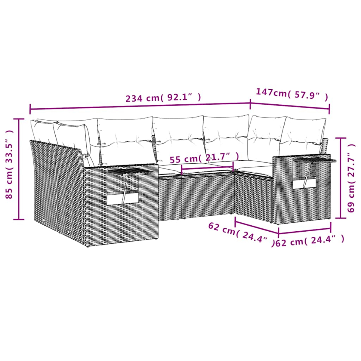 Ein graues Rattan-Ecksofa mit weißen Kissen. Abmessungen sind mit Maßen in cm und Zoll für verschiedene Teile versehen.
