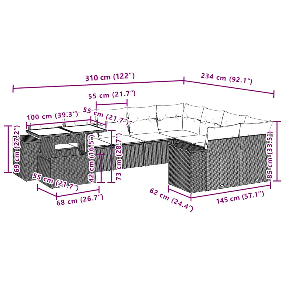 Ein geflochtenes Gartenmöbelset mit Maßangaben. Es beinhaltet Tisch- und Sofateile mit Kissen. Maße in cm und Zoll sind angegeben.