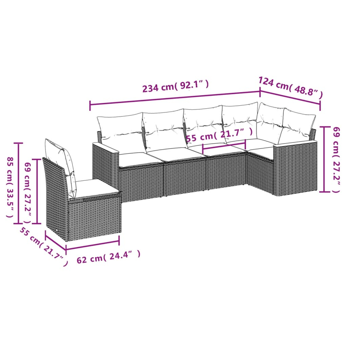 Ein Outdoor-Rattansofa mit angegebenen Abmessungen. Enthält einen Einzelstuhl und ein größeres Sofa mit Kissen.