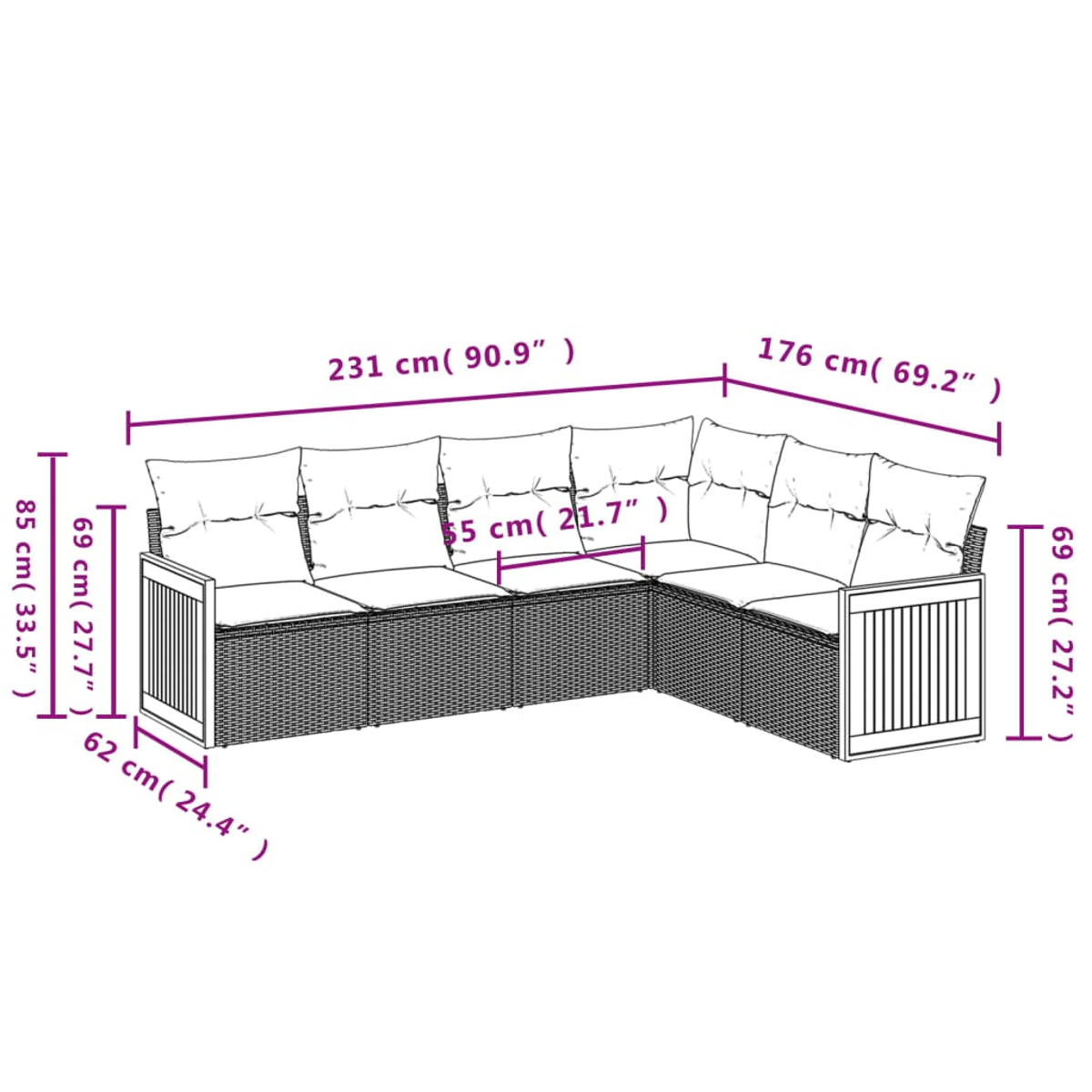 Ein Ecksofa für den Außenbereich mit Maßangaben. Es hat Kissen und ein korbartiges Material.