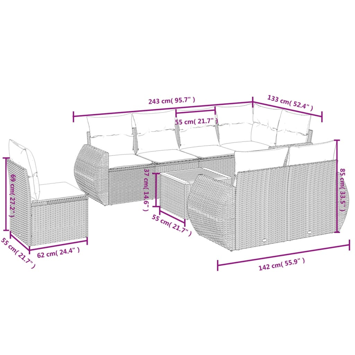 Ein Diagramm zeigt ein Rattansofa-Set mit Abmessungen. Es umfasst einen Stuhl, einen Couchtisch und ein großes Ecksofa, alle beschriftet.