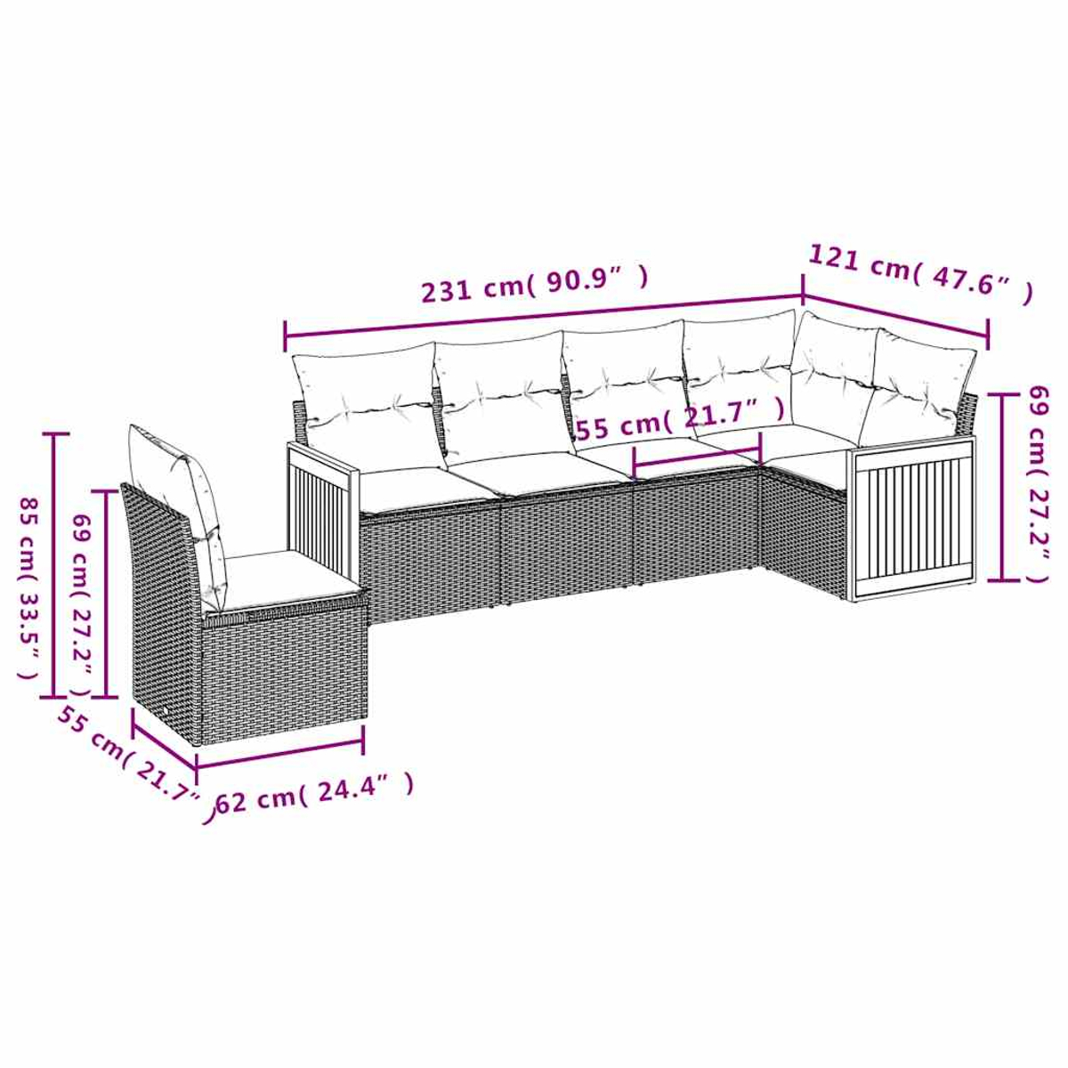 Ein Outdoor-Ecksofa mit Maßangaben. Das Sofa ist aus braunem Korbgeflecht mit weißen Kissen. Maße sind in cm und Zoll angegeben.